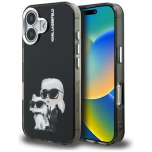 Husa pentru Apple iPhone 16, Karl Lagerfeld, IML Aquarelle Logo Karl & Choupette, Neagra