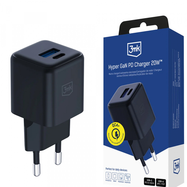 Incarcator Retea 3MK Hyper, 20W, 3A, 1 x USB-A - 1 x USB-C, Negru