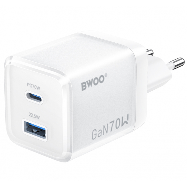 Incarcator Retea BWOO CDA224, 70W, 3.25A, 1 x USB-A - 1 x USB-C, Alb