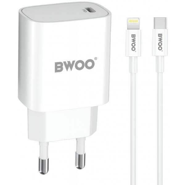 Incarcator Retea Cu Cablu Lightning BWOO CDA159, 20W, 3A, 1 x USB-C, Alb