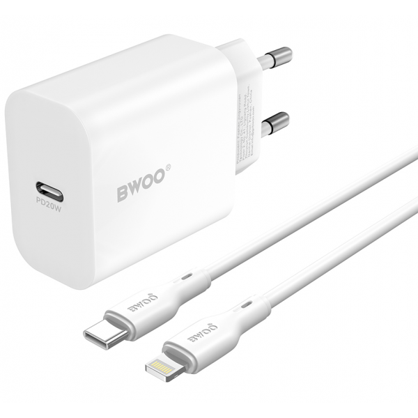 Incarcator Retea Cu Cablu Lightning BWOO CDA233, 20W, 3A, 1 x USB-C, Alb