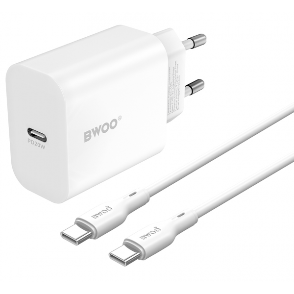 Incarcator Retea Cu Cablu USB-C BWOO CDA233, 20W, 3A, 1 x USB-C, Alb