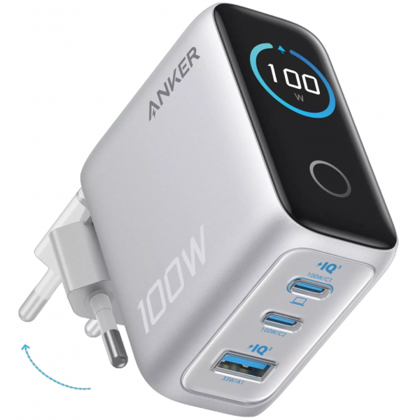 Incarcator Retea Cu Cablu USB-C Anker Smart Display, 100W, 5A, 1 x USB-A - 2 x USB-C, Argintiu B121BG41