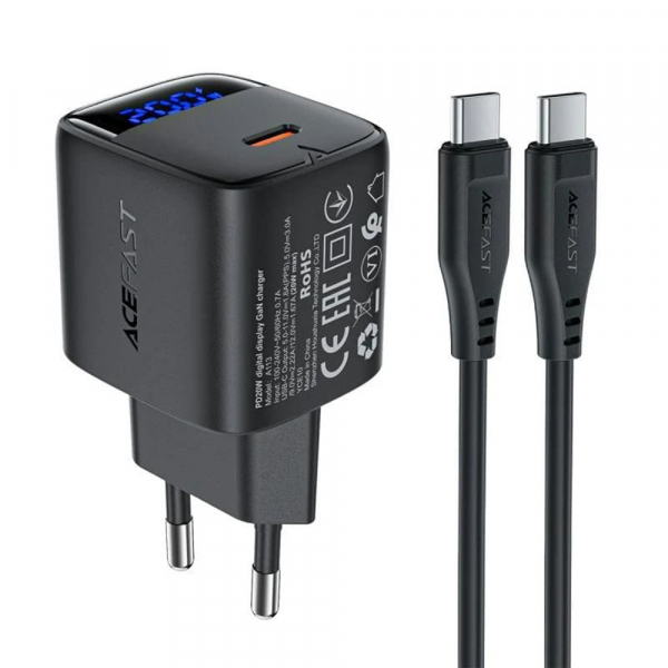 Incarcator Retea Cu Cablu USB-C Acefast A113 Display, 20W, 3A, 1 x USB-C, Negru