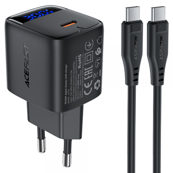 Incarcator Retea Cu Cablu USB-C Acefast A115 Display, 30W, 3A, 1 x USB-C, Negru