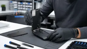 Tehnician care repară display-ul unui telefon Apple iPhone în București