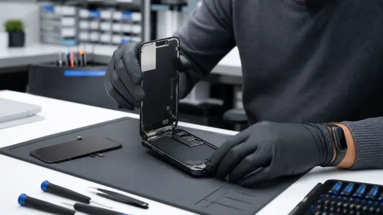 Tehnician care repară display-ul unui telefon Apple iPhone în București