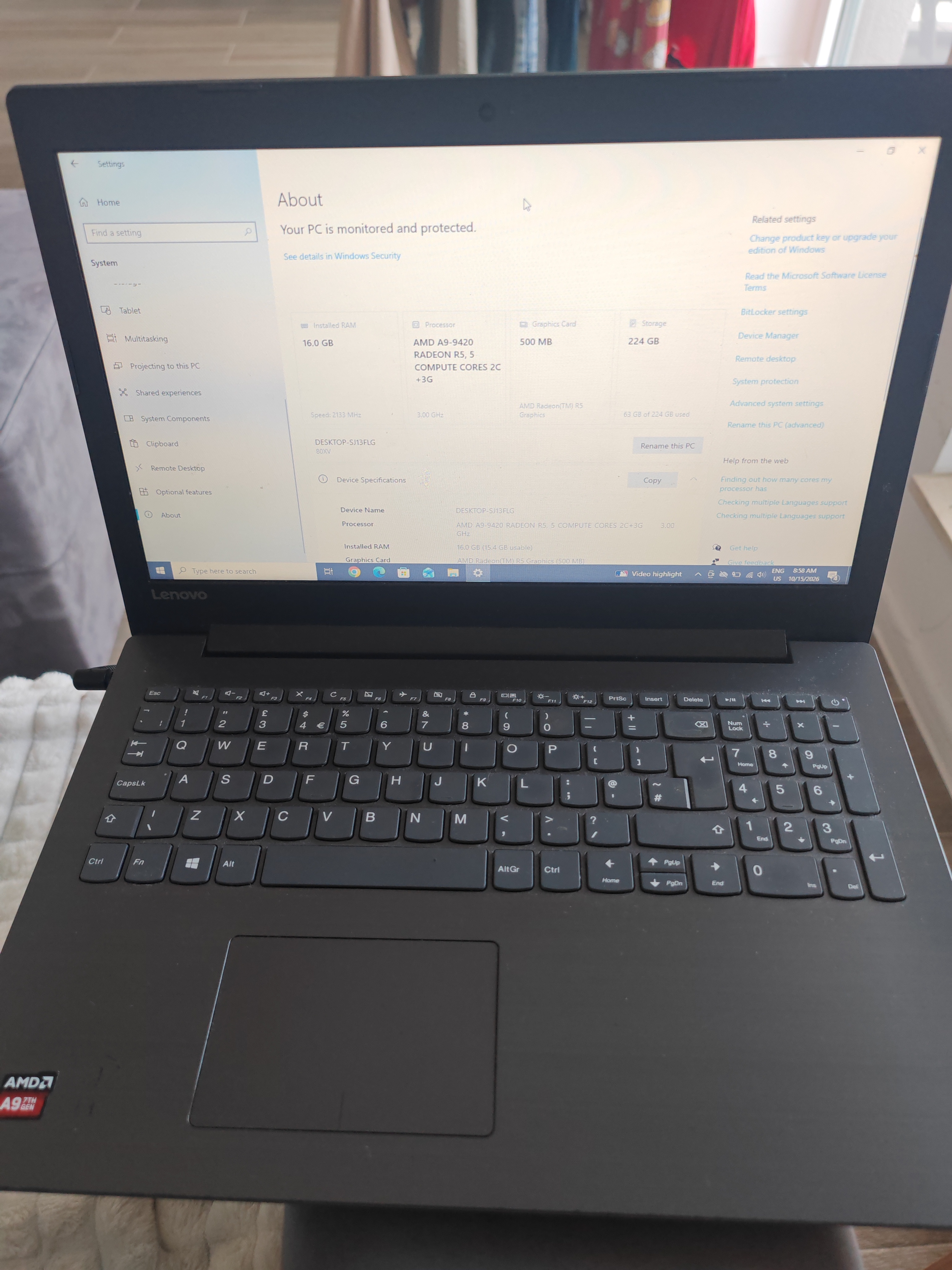 Lenovo 80XV AMD A9-9420 RADEON R5, 5 COMPUTE CORES 2C+3G 16GB 240GB SSD 15.6" – Second hand