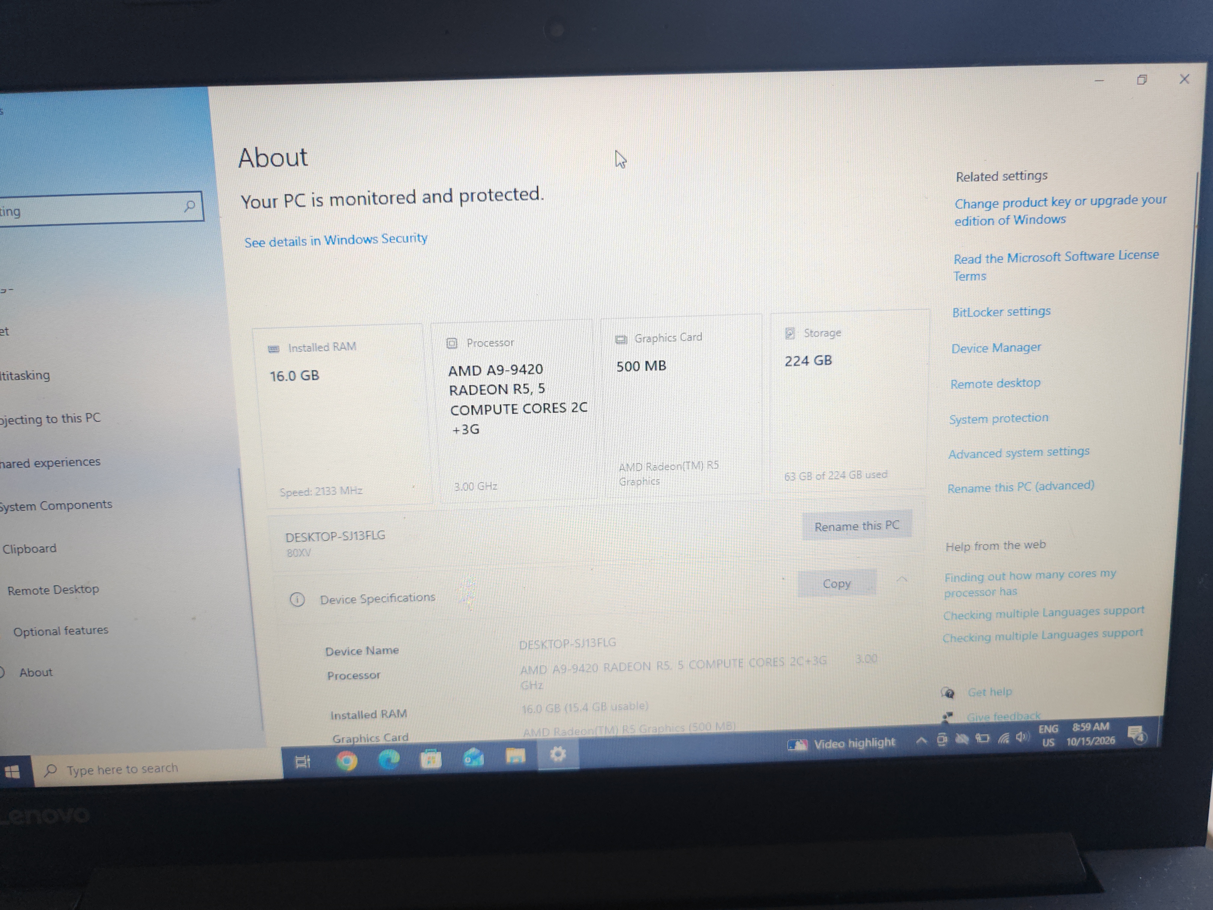 Lenovo 80XV AMD A9-9420 RADEON R5, 5 COMPUTE CORES 2C+3G 16GB 240GB SSD 15.6" – Second hand - imagine 2