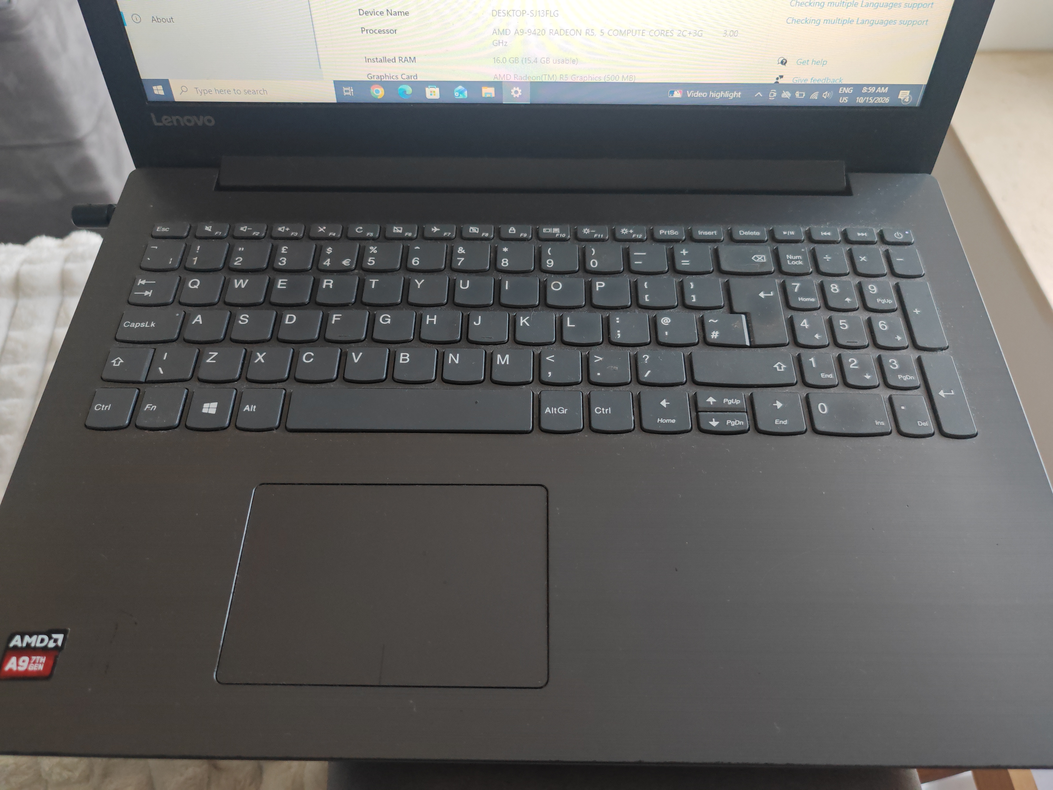 Lenovo 80XV AMD A9-9420 RADEON R5, 5 COMPUTE CORES 2C+3G 16GB 240GB SSD 15.6" – Second hand - imagine 3