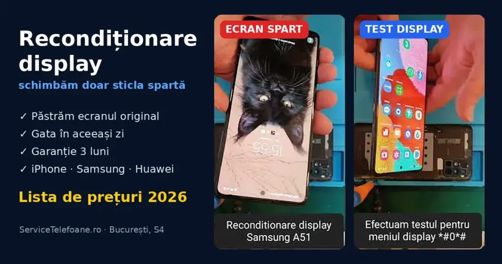 Recondiționare display Samsung Galaxy A51: ecranul spart și testul displayului înainte de schimbarea sticlei