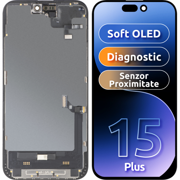 Display cu Touchscreen si Senzor Proximitate Lumina MP compatibil cu Apple iPhone 15 Plus, cu Rama, Versiune Soft OLED FHD Diagnostic, Negru