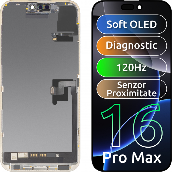 Display cu Touchscreen si Senzor Proximitate Lumina MP compatibil cu Apple iPhone 16 Pro Max, cu Rama, Versiune Soft OLED FHD 120Hz Diagnostic, Negru