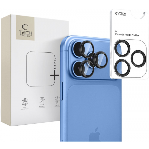 Folie de protectie Camera Spate Tech-Protect CamRing Fit+ pentru Apple iPhone 18 Pro / 18 Pro Max, Sticla Securizata, Neagra