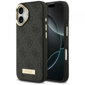 Husa MagSafe pentru Apple iPhone 17, Guess, 4G Logo Plate, Neagra