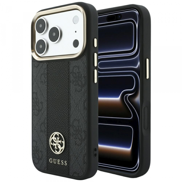 Husa MagSafe pentru Apple iPhone 18 Pro / 17 Pro, Guess, 4G Stripe Round Classic Logo, Neagra