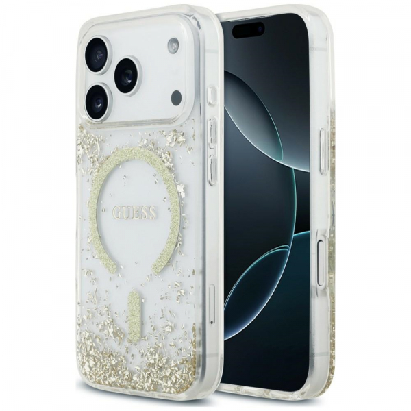 Husa MagSafe pentru Apple iPhone 18 Pro / 17 Pro, Guess, Resin Bottom Glitter, Aurie