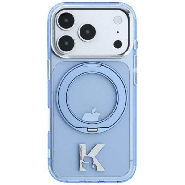 Husa MagSafe pentru Apple iPhone 18 Pro / 17 Pro, Karl Lagerfeld, IML Ring Stand Kameo Metal, Albastra