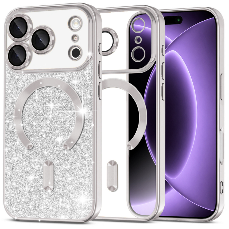 Husa MagSafe pentru Apple iPhone 18 Pro / 17 Pro, Techsuit, Luxury Glitter, Argintie
