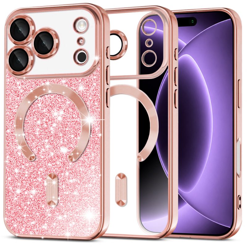 Husa MagSafe pentru Apple iPhone 18 Pro / 17 Pro, Techsuit, Luxury Glitter, Roz Aurie