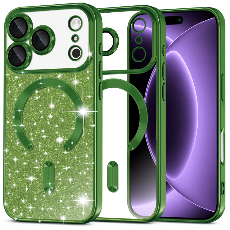 Husa MagSafe pentru Apple iPhone 18 Pro / 17 Pro, Techsuit, Luxury Glitter, Verde Inchis