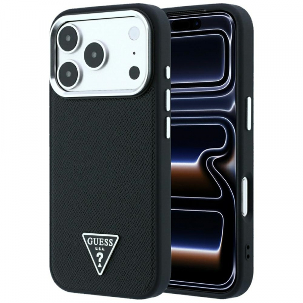 Husa MagSafe pentru Apple iPhone 18 Pro Max / 17 Pro Max, Guess, Grained Triangle Logo, Neagra