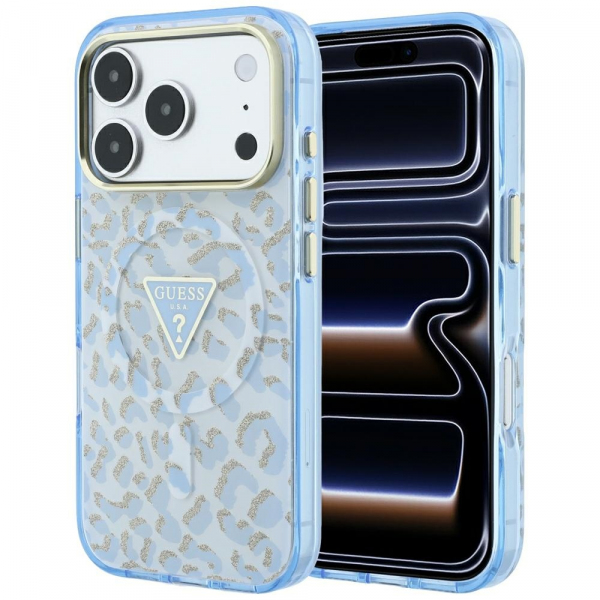 Husa MagSafe pentru Apple iPhone 18 Pro Max / 17 Pro Max, Guess, Leopard Glitter Triangle Logo, Bleu