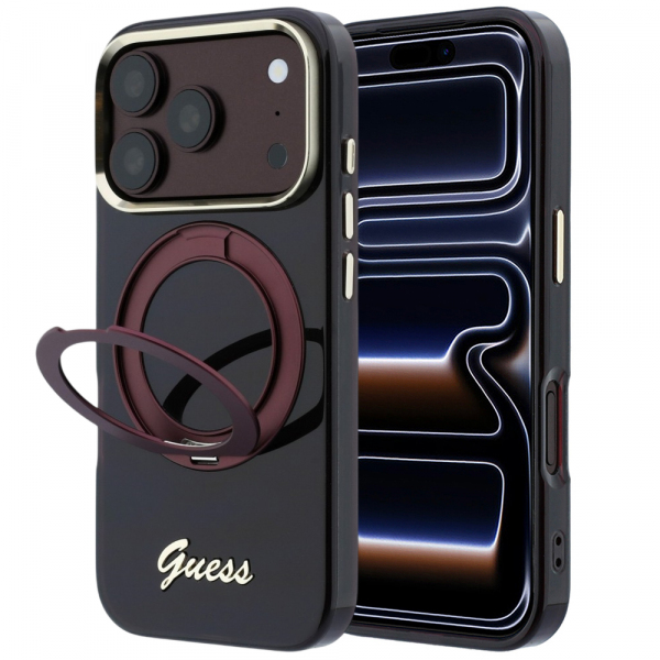 Husa MagSafe pentru Apple iPhone 18 Pro Max / 17 Pro Max, Guess, Ring Stand Script Metal Logo, Visinie