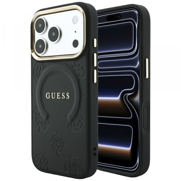 Husa MagSafe pentru Apple iPhone 18 Pro Max / 17 Pro Max, Guess, Saffiano Peony Ring, Neagra