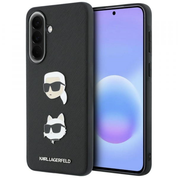 Husa pentru Samsung Galaxy A57 5G, Karl Lagerfeld, Grained Karl & Choupette\'s Heads Pins and Logo, Neagra