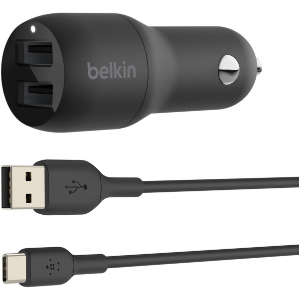Incarcator Auto Cu Cablu USB-C Belkin BoostCharge Dual, 24W, 2.4A, 2 x USB-A, Negru CCE001bt1MBK