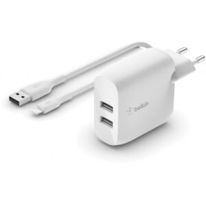Incarcator Retea Cu Cablu USB-C Belkin BoostCharge Dual, 24W, 2.4A, 2 x USB-A, Alb WCE001vf1MWH