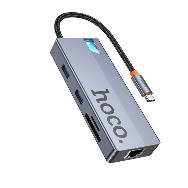 Hub USB-C HOCO HB52, 2 x USB-A 3.0 - 2 x USB-C - 1 x HDMI - 1 x RJ45 - 1 x SD - 1 x microSD, Gri