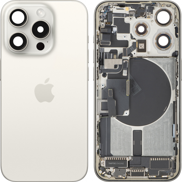 Capac Baterie Apple iPhone 15 Pro, Cu Carcasa Mijloc, Full Parts, Alb (White Titanium), Swap Premium