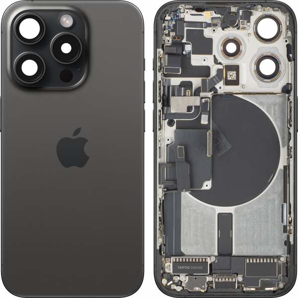 Capac Baterie Apple iPhone 15 Pro, Cu Carcasa Mijloc, Full Parts, Negru (Black Titanium), Swap Premium