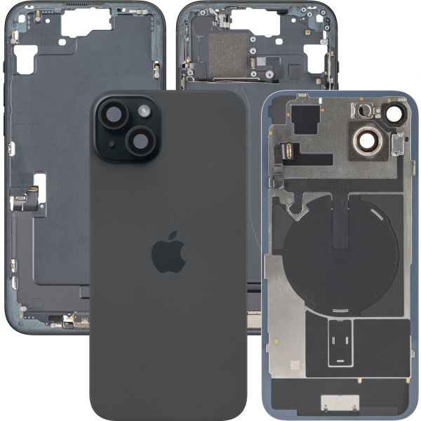 Capac Baterie Apple iPhone 15 Plus, Cu Carcasa Mijloc, Full Parts, Negru, Swap Premium