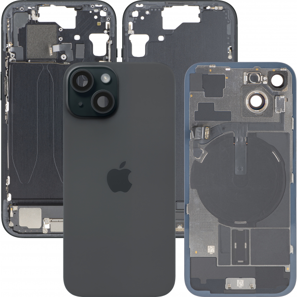 Capac Baterie Apple iPhone 15, Cu Carcasa Mijloc, Full Parts, Negru, Swap Premium
