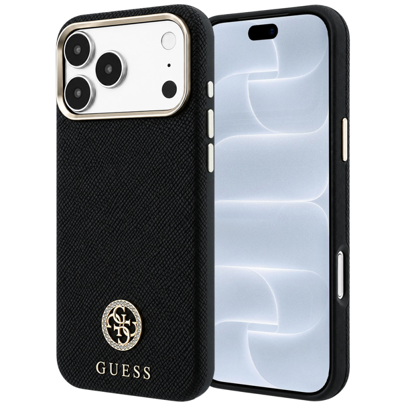 Husa MagSafe pentru Apple iPhone 18 Pro / 17 Pro, Guess, Grained Round Strass Logo, Neagra