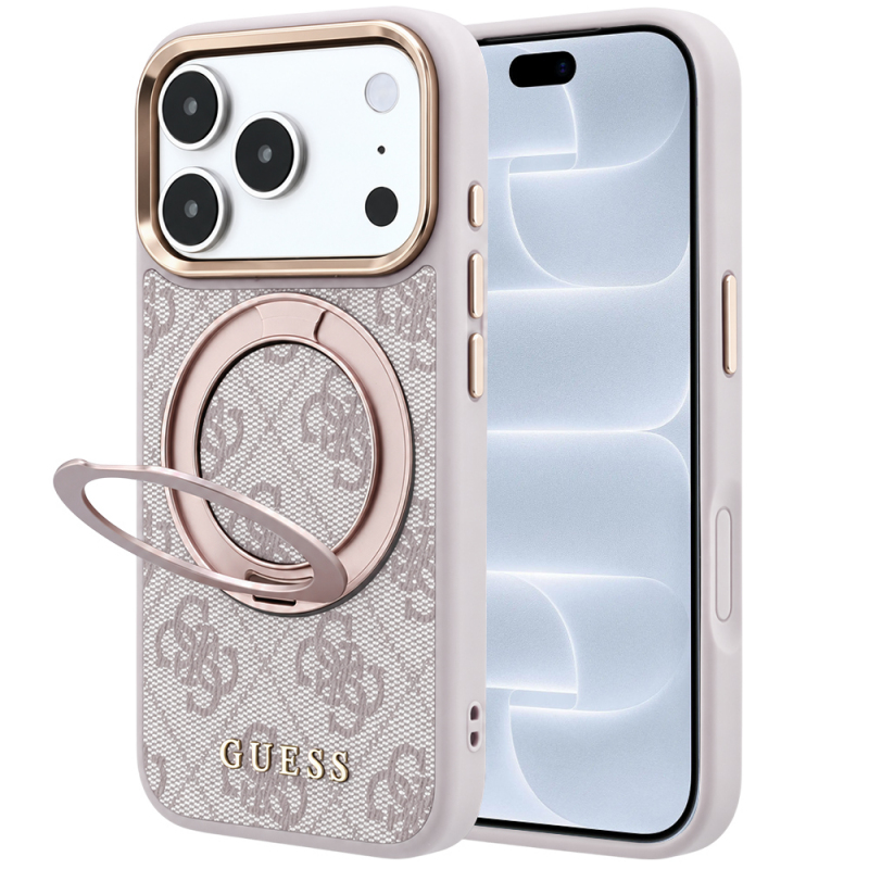 Husa MagSafe pentru Apple iPhone 18 Pro / 17 Pro, Guess, Ring Stand 360 4G Classic Logo, Roz
