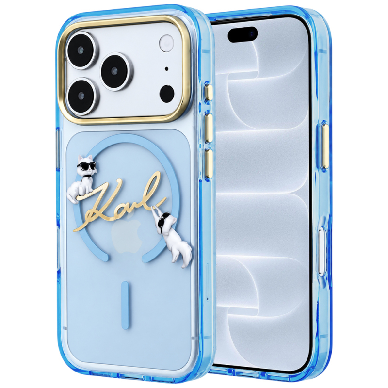 Husa MagSafe pentru Apple iPhone 18 Pro / 17 Pro, Karl Lagerfeld, IML Choupette Karl Script Logo, Bleu