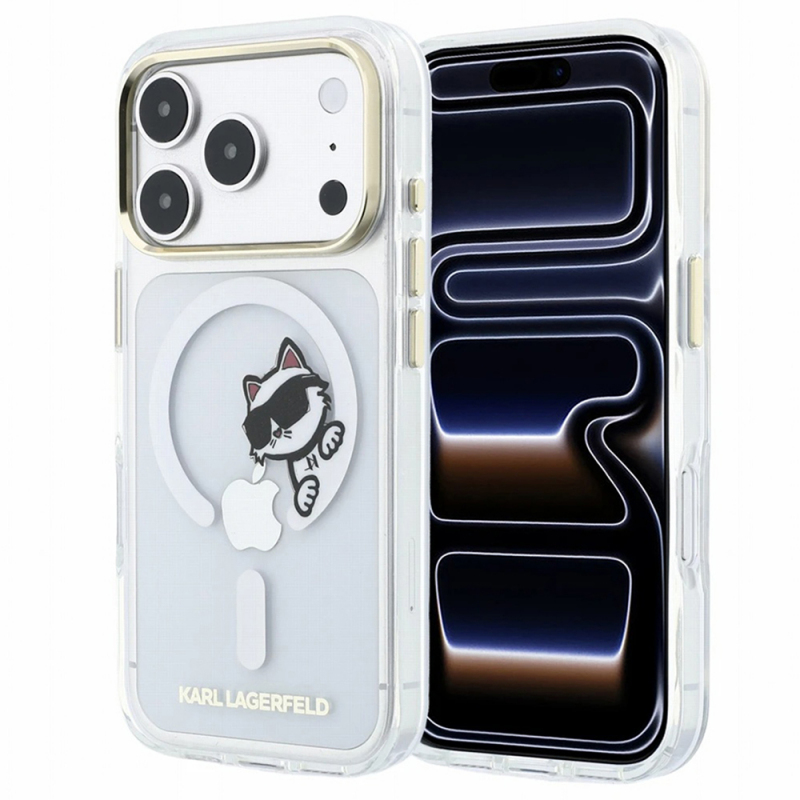 Husa MagSafe pentru Apple iPhone 18 Pro / 17 Pro, Karl Lagerfeld, IML Peekaboo Print and Metal Frame, Transparenta