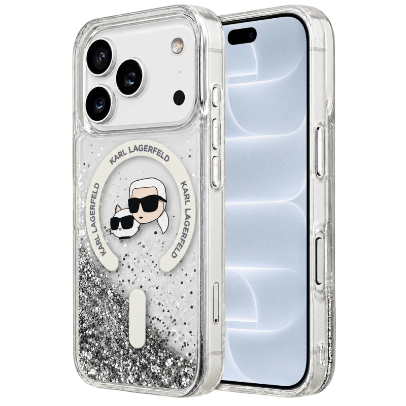 Husa MagSafe pentru Apple iPhone 18 Pro / 17 Pro, Karl Lagerfeld, Liquid Glitter Karl & Choupette Head\'s, Transparenta