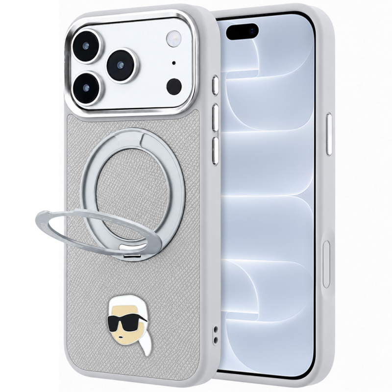Husa MagSafe pentru Apple iPhone 18 Pro / 17 Pro, Karl Lagerfeld, Ring Stand 360 Karl Pin, Gri