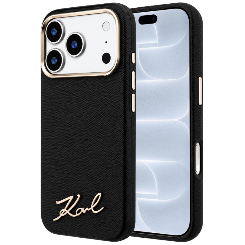 Husa MagSafe pentru Apple iPhone 18 Pro / 17 Pro, Karl Lagerfeld, Saffiano Small Script Metal Logo, Neagra