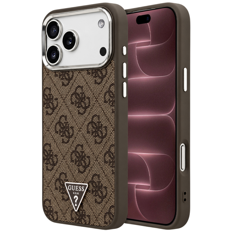 Husa MagSafe pentru Apple iPhone 18 Pro Max / 17 Pro Max, Guess, 4G Triangle Logo, Maro Argintie