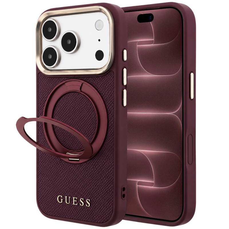 Husa MagSafe pentru Apple iPhone 18 Pro Max / 17 Pro Max, Guess, Grained Ring Stand 360 Classic, Visinie