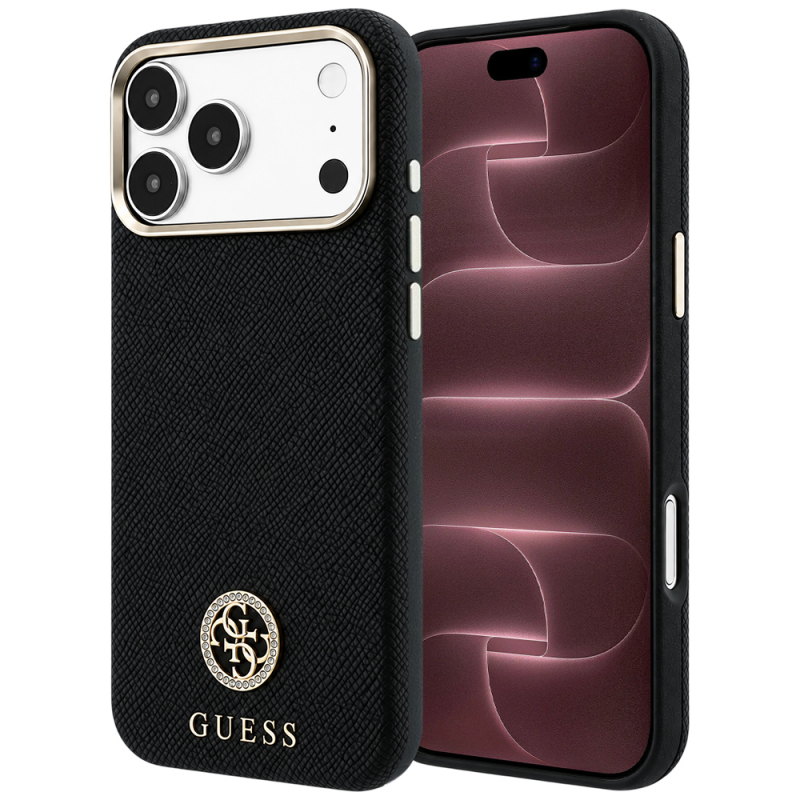 Husa MagSafe pentru Apple iPhone 18 Pro Max / 17 Pro Max, Guess, Grained Round Strass Logo, Neagra