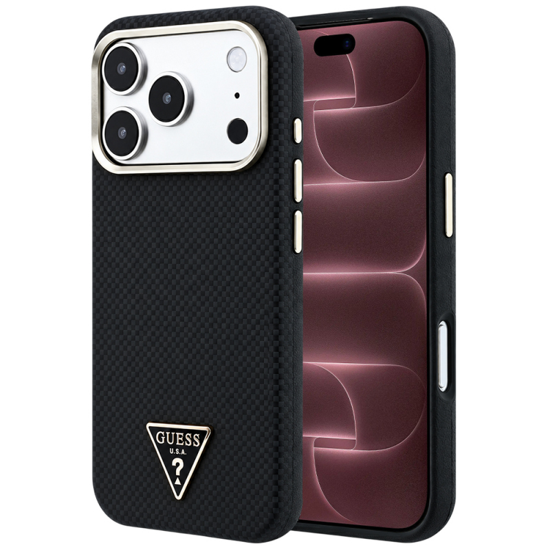 Husa MagSafe pentru Apple iPhone 18 Pro Max / 17 Pro Max, Guess, Kevlar Triangle Logo, Neagra