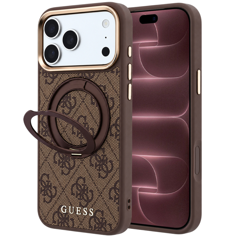 Husa MagSafe pentru Apple iPhone 18 Pro Max / 17 Pro Max, Guess, Ring Stand 360 4G Classic Logo, Maro