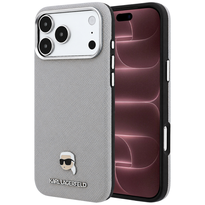 Husa MagSafe pentru Apple iPhone 18 Pro Max / 17 Pro Max, Karl Lagerfeld, Grained Karl Head\'s Metal, Gri